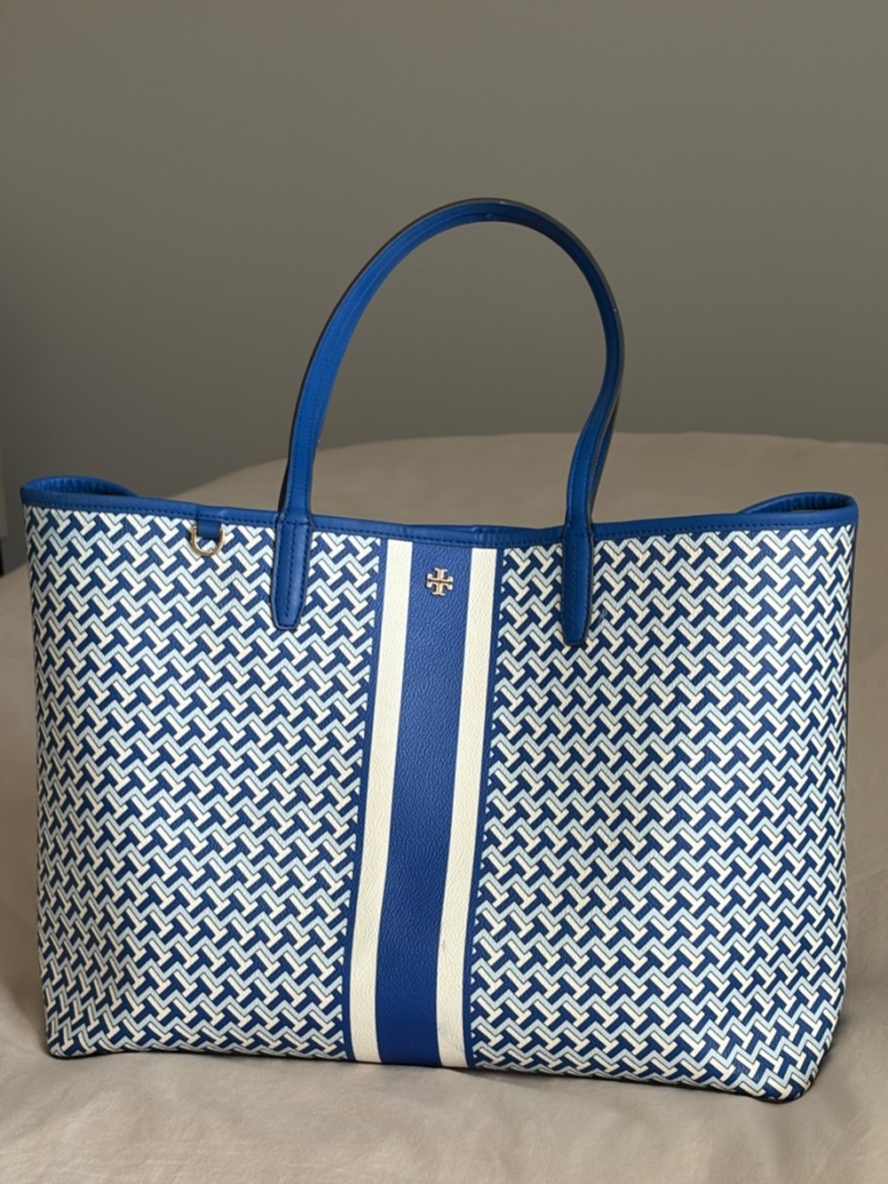 Tory Burch Gemini Blue and White Patterned Stripe Tote.